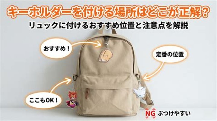 リュックにキーホルダーを付ける位置の例